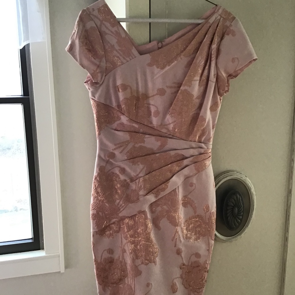 Theia Brocade Dusty Rose Midi Cocktail Dress, Cap Sleeves, Size 4